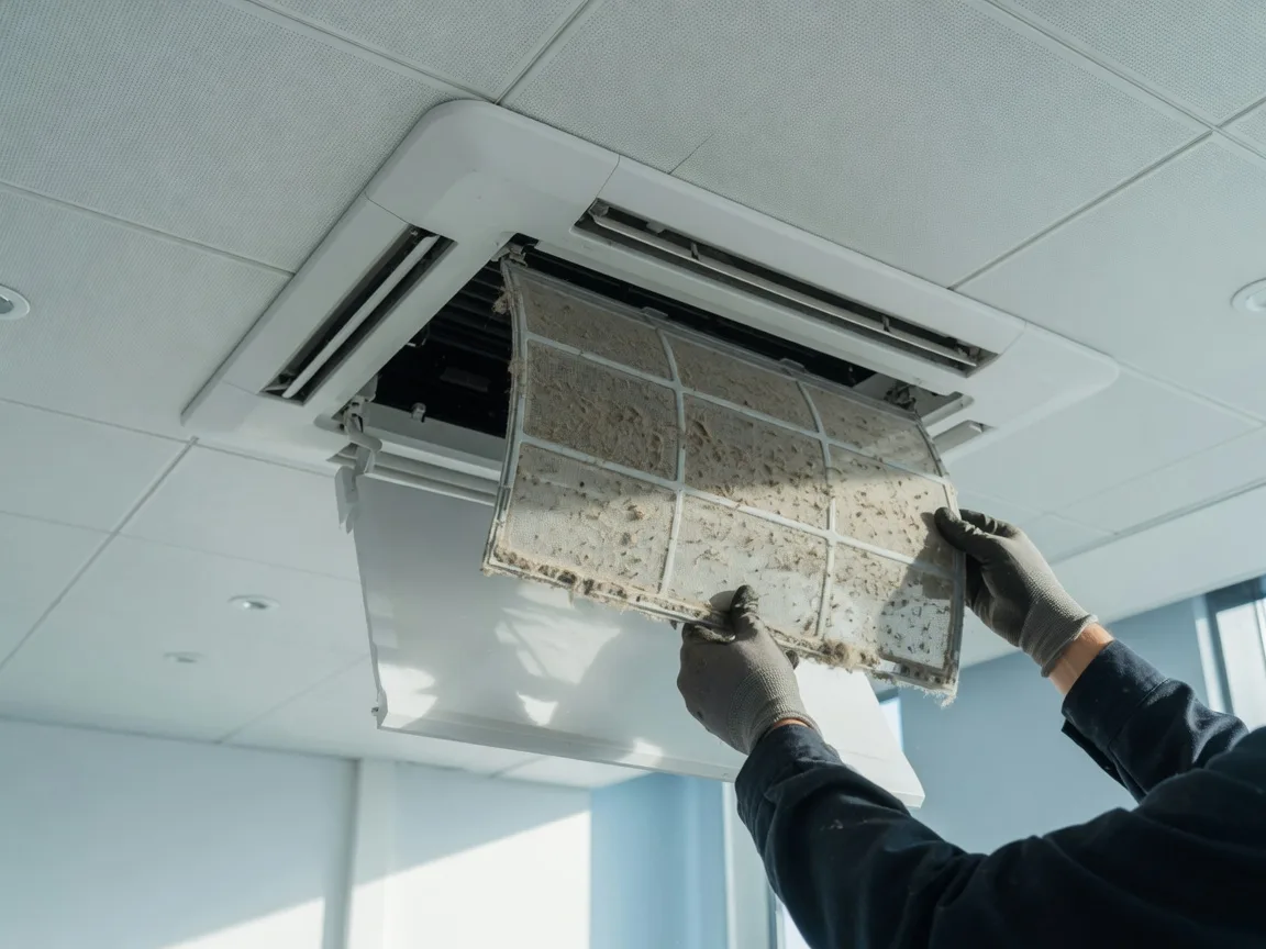 Gloved hands sliding a dust-laden filter out of a ceiling-mounted air conditioning unit