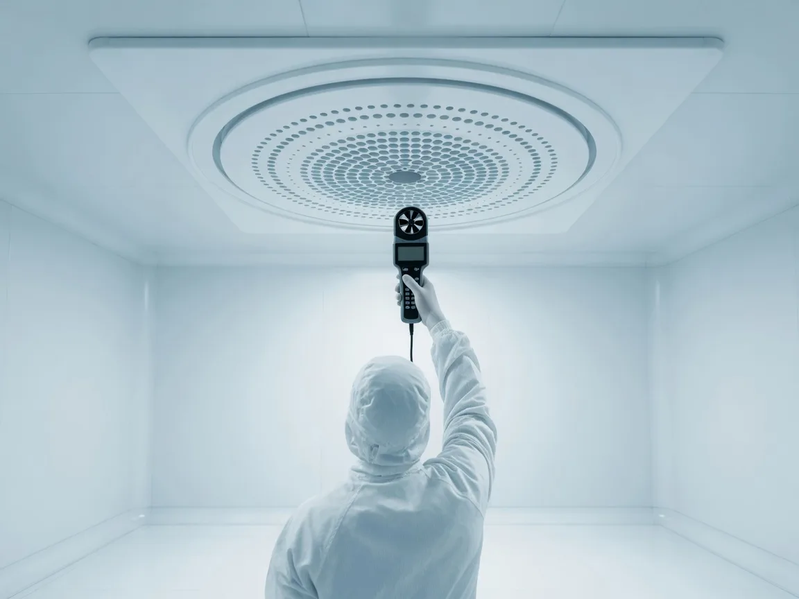 Technician in cleanroom overalls measuring airflow at a ceiling supply terminal