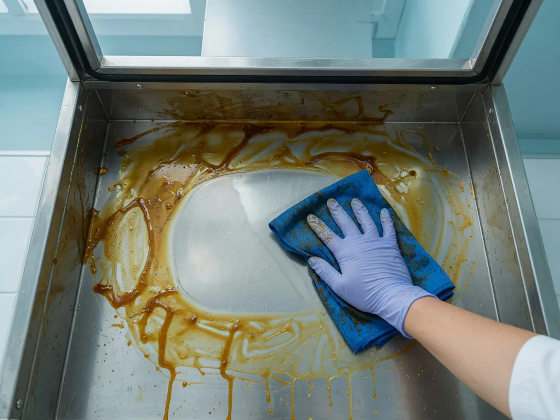 Technician degreasing the inside of a kitchen extract duct back to bare metal