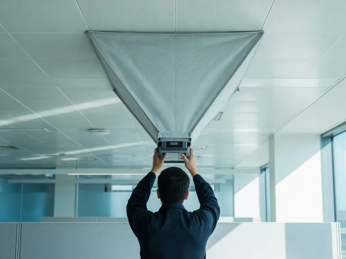 Engineer measuring airflow at a ceiling grille with a capture hood