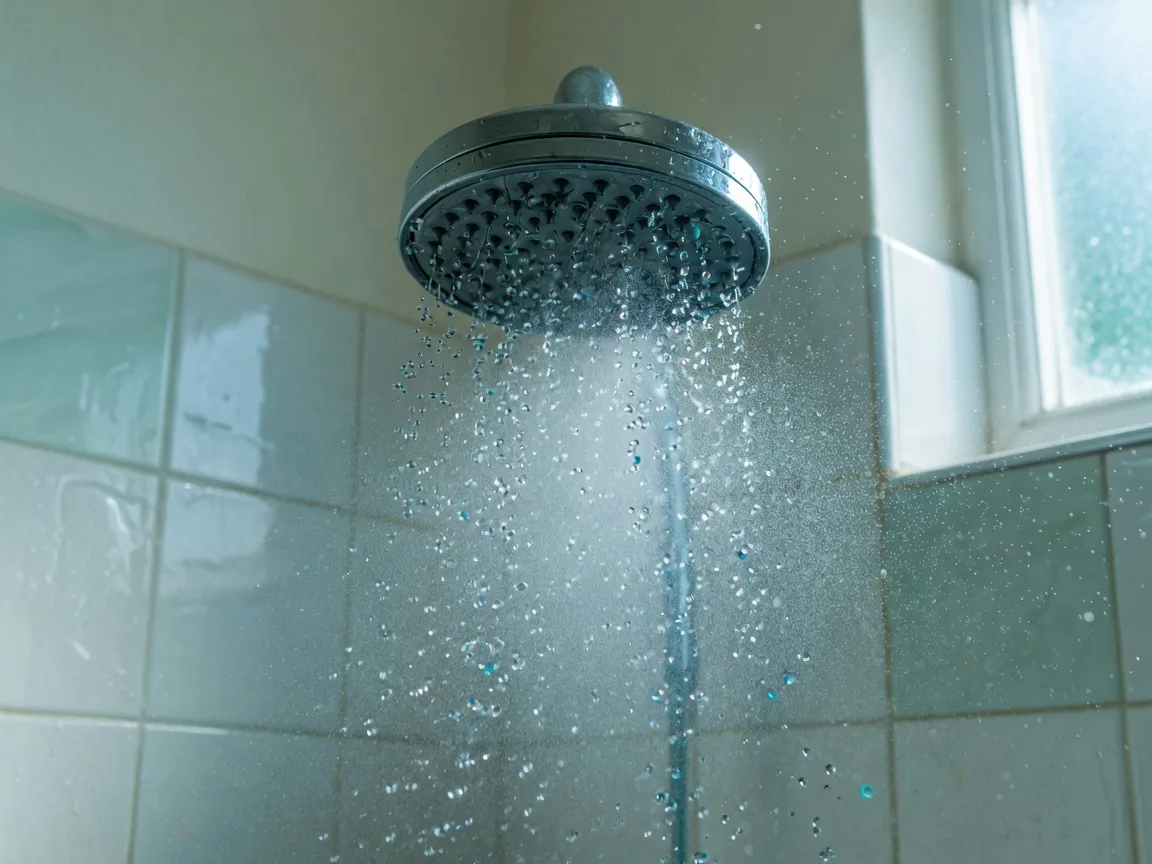 Fine spray of water droplets from a chrome shower head in a commercial washroom